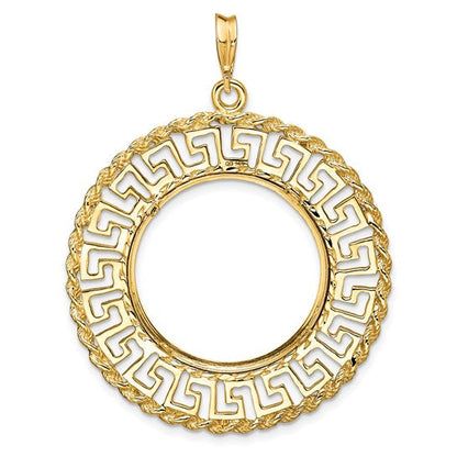 14K Yellow Gold 21.6 mm Coin Bezel Holder Pendant Charm Greek Key Rope US $5 Dollar Liberty Indian Statue of Liberty Bald Eagle Congressional Prong