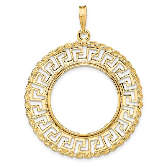 14K Yellow Gold 21.6 mm Coin Bezel Holder Pendant Charm Greek Key Rope US $5 Dollar Liberty Indian Statue of Liberty Bald Eagle Congressional Prong