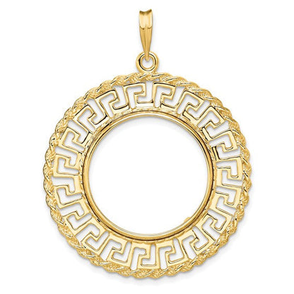 14K Yellow Gold 21.6 mm Coin Bezel Holder Pendant Charm Greek Key Rope US $5 Dollar Liberty Indian Statue of Liberty Bald Eagle Congressional Prong