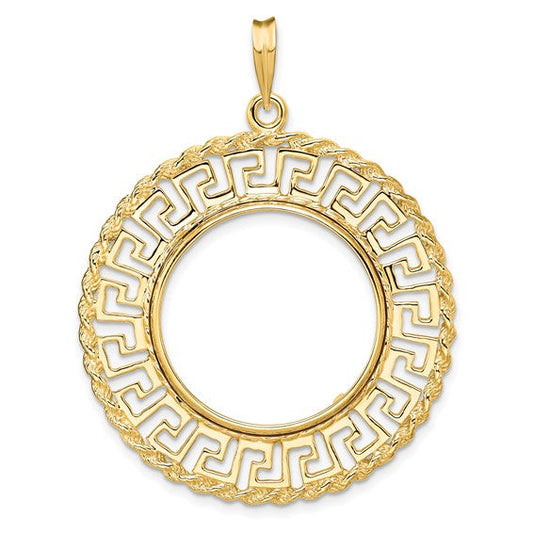 14K Yellow Gold 21.6 mm Coin Bezel Holder Pendant Charm Greek Key Rope US $5 Dollar Liberty Indian Statue of Liberty Bald Eagle Congressional Prong