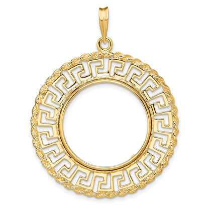 14K Yellow Gold 21.6 mm Coin Bezel Holder Pendant Charm Greek Key Rope US $5 Dollar Liberty Indian Statue of Liberty Bald Eagle Congressional Prong