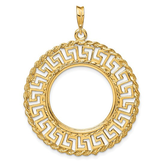14K Yellow Gold 22 mm Coin Bezel Holder Pendant Charm Greek Key Rope 1/4 oz American Eagle Panda 2 Rand US $5 Jamestown Prong