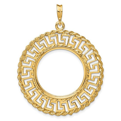 14K Yellow Gold 22 mm Coin Bezel Holder Pendant Charm Greek Key Rope 1/4 oz American Eagle Panda 2 Rand US $5 Jamestown Prong