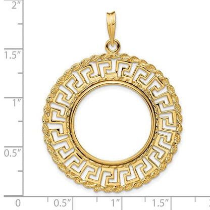 14K Yellow Gold 22 mm Coin Bezel Holder Pendant Charm Greek Key Rope 1/4 oz American Eagle Panda 2 Rand US $5 Jamestown Prong