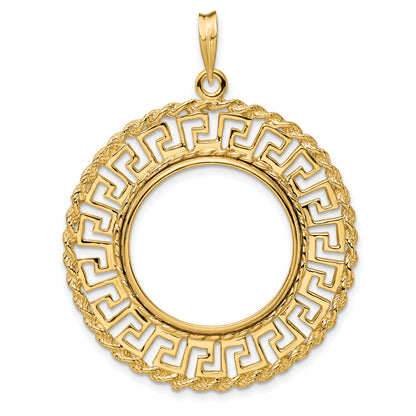 14K Yellow Gold 22 mm Coin Bezel Holder Pendant Charm Greek Key Rope 1/4 oz American Eagle Panda 2 Rand US $5 Jamestown Prong