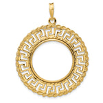 Załaduj obraz do przeglądarki galerii, 14K Yellow Gold 22 mm Coin Bezel Holder Pendant Charm Greek Key Rope 1/4 oz American Eagle Panda 2 Rand US $5 Jamestown Prong

