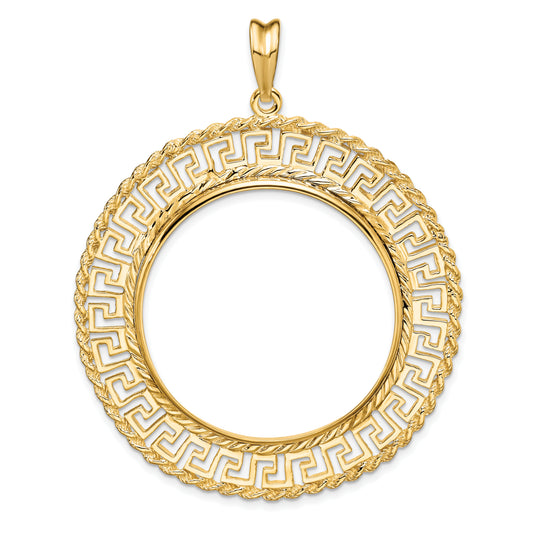 14K Yellow Gold 32.7 mm Coin Bezel Holder Pendant Charm Greek Key Rope 1 oz American Eagle Cat Krugerrand Prong