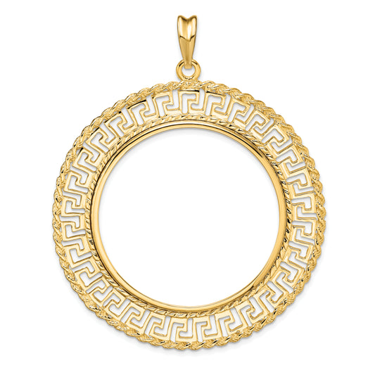 14K Yellow Gold 37 mm Coin Bezel Holder Pendant Charm Greek Key Rope 50 Peso Prong