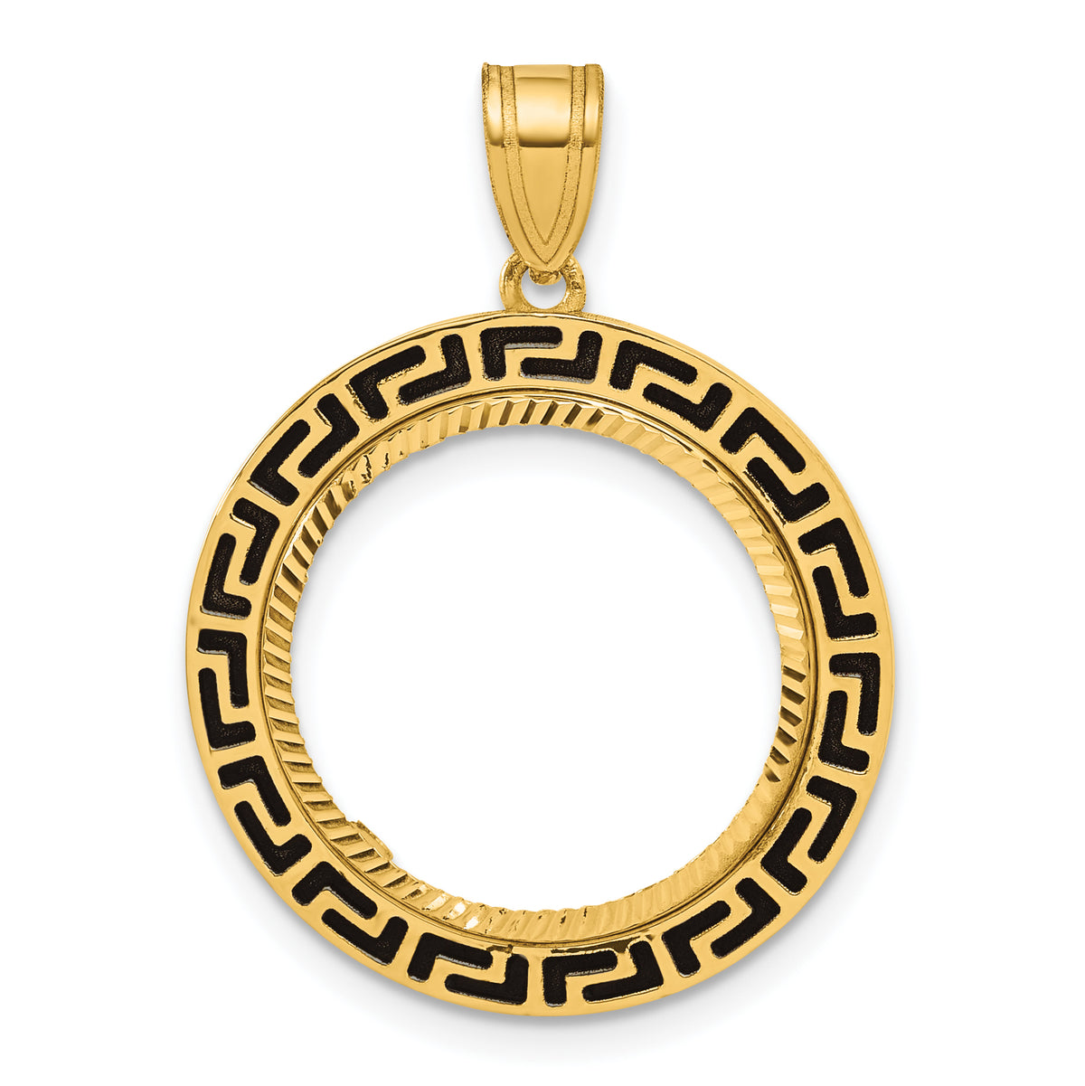 14K Yellow Gold 16.5 mm Coin Bezel Holder Pendant Charm Diamond Cut And Black Enamel Greek Key 1/10 oz American Eagle Krugerrand Prong