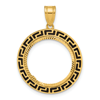 14K Yellow Gold 16.5 mm Coin Bezel Holder Pendant Charm Diamond Cut And Black Enamel Greek Key 1/10 oz American Eagle Krugerrand Prong