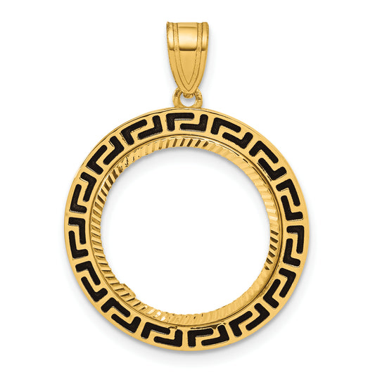 14K Yellow Gold 16.5 mm Coin Bezel Holder Pendant Charm Diamond Cut And Black Enamel Greek Key 1/10 oz American Eagle Krugerrand Prong
