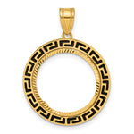 Indlæs billede til gallerivisning 14K Yellow Gold 16.5 mm Coin Bezel Holder Pendant Charm Diamond Cut And Black Enamel Greek Key 1/10 oz American Eagle Krugerrand Prong
