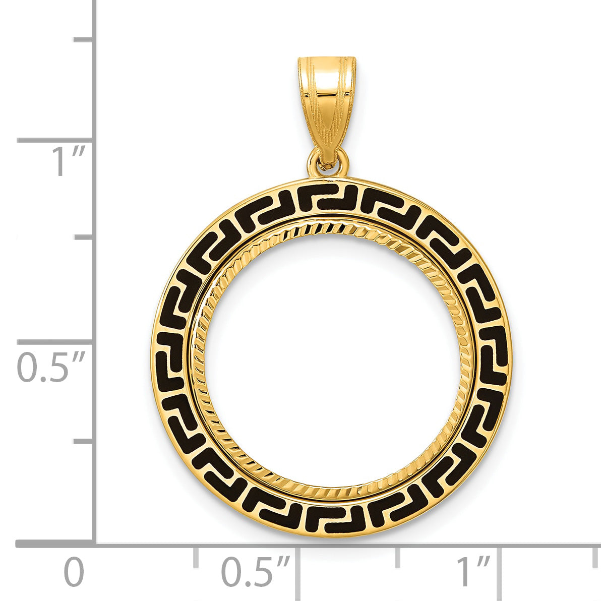 14K Yellow Gold 18 mm Coin Bezel Holder Pendant Charm Diamond Cut And Black Enamel Greek Key US Dime 1/10 oz Panda Cat Prong