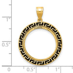 Carica l'immagine nel visualizzatore di Gallery, 14K Yellow Gold 18 mm Coin Bezel Holder Pendant Charm Diamond Cut And Black Enamel Greek Key US Dime 1/10 oz Panda Cat Prong

