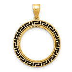 Carica l'immagine nel visualizzatore di Gallery, 14K Yellow Gold 18 mm Coin Bezel Holder Pendant Charm Diamond Cut And Black Enamel Greek Key US Dime 1/10 oz Panda Cat Prong
