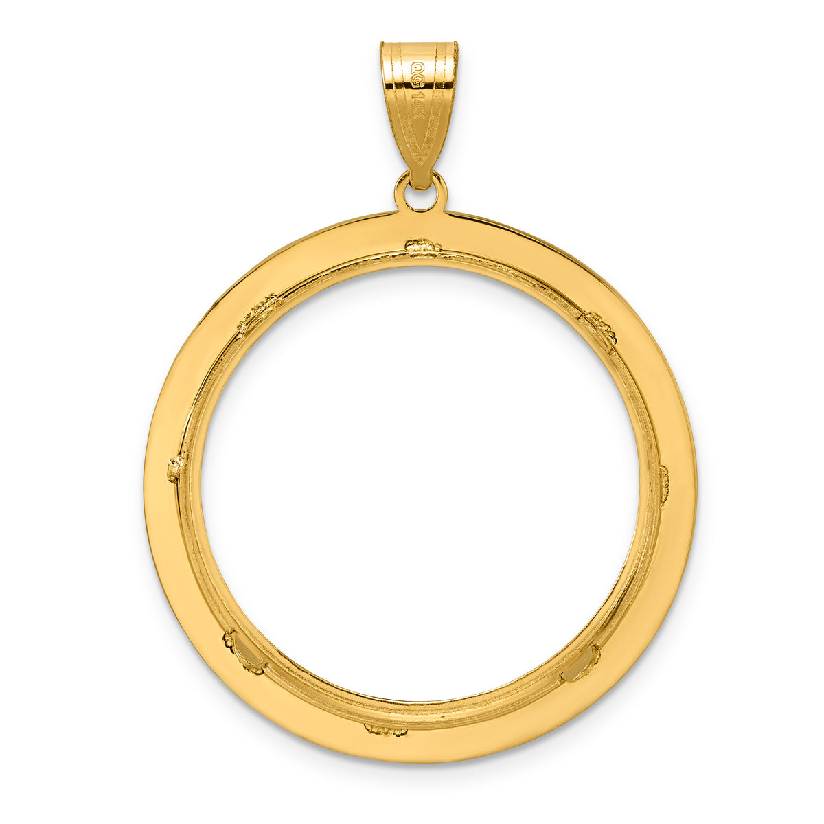 14K Yellow Gold 27 mm Coin Bezel Holder Pendant Charm Diamond Cut And Black Enamel Greek Key 1/2 oz American Eagle Panda US $10 Dollar Liberty Indian Prong