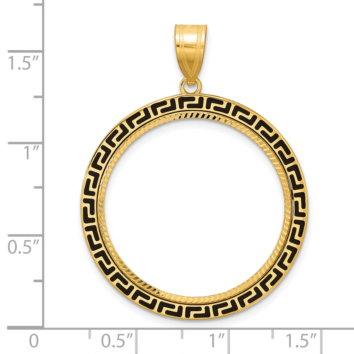 14K Yellow Gold 27 mm Coin Bezel Holder Pendant Charm Diamond Cut And Black Enamel Greek Key 1/2 oz American Eagle Panda US $10 Dollar Liberty Indian Prong
