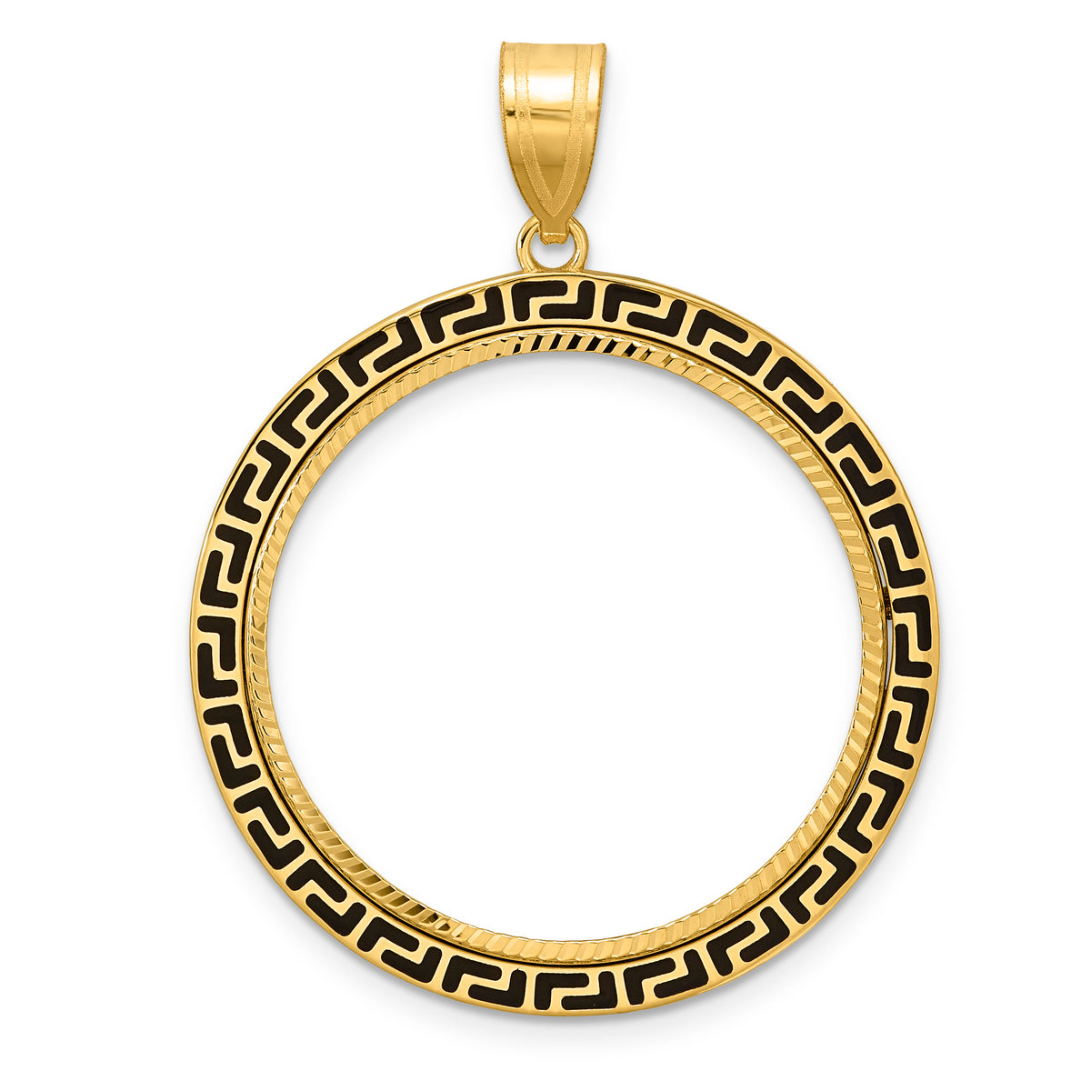 14K Yellow Gold 27 mm Coin Bezel Holder Pendant Charm Diamond Cut And Black Enamel Greek Key 1/2 oz American Eagle Panda US $10 Dollar Liberty Indian Prong