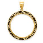 Charger l'image dans la galerie, 14K Yellow Gold 27 mm Coin Bezel Holder Pendant Charm Diamond Cut And Black Enamel Greek Key 1/2 oz American Eagle Panda US $10 Dollar Liberty Indian Prong
