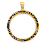 Load image into Gallery viewer, 14K Yellow Gold 32 mm Coin Bezel Holder Pendant Charm Diamond Cut And Black Enamel Greek Key Old US Series 1 oz Panda Australian Nugget Kangaroo Koala Prong
