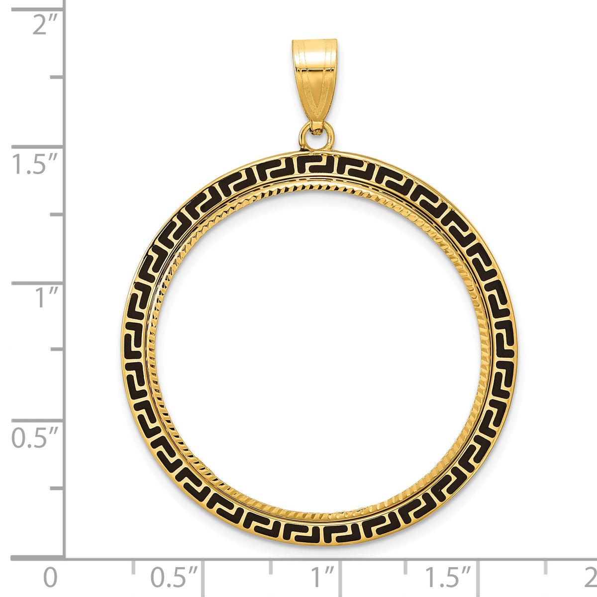 14K Yellow Gold 32.7 mm Coin Bezel Holder Pendant Charm Diamond Cut And Black Enamel Greek Key 1 oz American Eagle Cat Krugerrand Prong