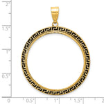 Charger l'image dans la galerie, 14K Yellow Gold 32.7 mm Coin Bezel Holder Pendant Charm Diamond Cut And Black Enamel Greek Key 1 oz American Eagle Cat Krugerrand Prong
