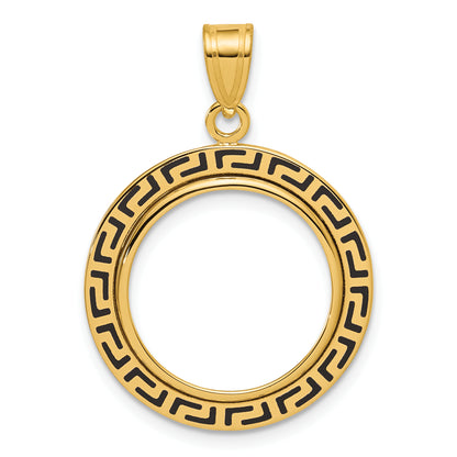 14K Yellow Gold 16.5 mm Coin Bezel Holder Pendant Charm And Black Enamel Greek Key 1/10 oz American Eagle Krugerrand Prong