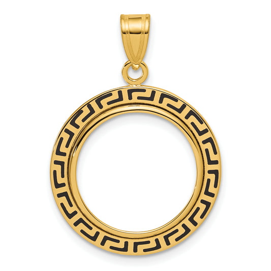 14K Yellow Gold 16.5 mm Coin Bezel Holder Pendant Charm And Black Enamel Greek Key 1/10 oz American Eagle Krugerrand Prong