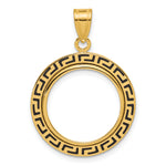 Indlæs billede til gallerivisning 14K Yellow Gold 16.5 mm Coin Bezel Holder Pendant Charm And Black Enamel Greek Key 1/10 oz American Eagle Krugerrand Prong
