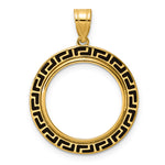 Carica l'immagine nel visualizzatore di Gallery, 14K Yellow Gold 18 mm Coin Bezel Holder Pendant Charm And Black Enamel Greek Key US Dime 1/10 oz Panda Cat Prong
