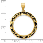 Indlæs billede til gallerivisning 14K Yellow Gold 22 mm Coin Bezel Holder Pendant Charm And Black Enamel Greek Key 1/4 oz American Eagle Panda 2 Rand US $5 Jamestown Prong

