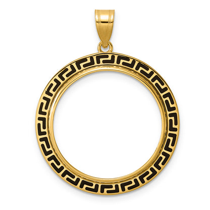 14K Yellow Gold 22 mm Coin Bezel Holder Pendant Charm And Black Enamel Greek Key 1/4 oz American Eagle Panda 2 Rand US $5 Jamestown Prong