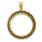 Indlæs billede til gallerivisning 14K Yellow Gold 22 mm Coin Bezel Holder Pendant Charm And Black Enamel Greek Key 1/4 oz American Eagle Panda 2 Rand US $5 Jamestown Prong
