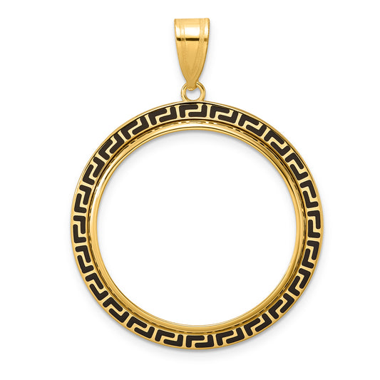 14K Yellow Gold 27 mm Coin Bezel Holder Pendant Charm And Black Enamel Greek Key 1/2 oz American Eagle Panda US $10 Dollar Liberty Indian Prong