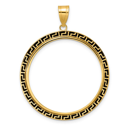 14K Yellow Gold 32 mm Coin Bezel Holder Pendant Charm And Black Enamel Greek Key Old US Series 1 oz Panda Australian Nugget Kangaroo Koala Prong