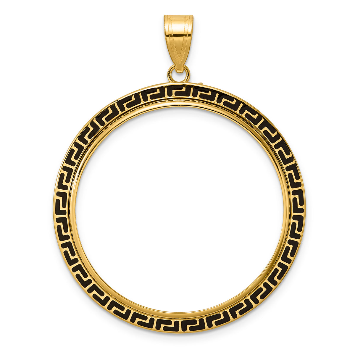 14K Yellow Gold 32.7 mm Coin Bezel Holder Pendant Charm And Black Enamel Greek Key 1 oz American Eagle Cat Krugerrand Prong