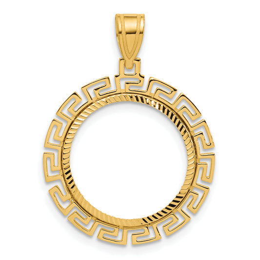 14K Yellow Gold 16.5 mm Coin Bezel Holder Pendant Charm Diamond Cut Greek Key 1/10 oz American Eagle Krugerrand Prong