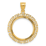 画像をギャラリービューアに読み込む, 14K Yellow Gold 16.5 mm Coin Bezel Holder Pendant Charm Diamond Cut Greek Key 1/10 oz American Eagle Krugerrand Prong
