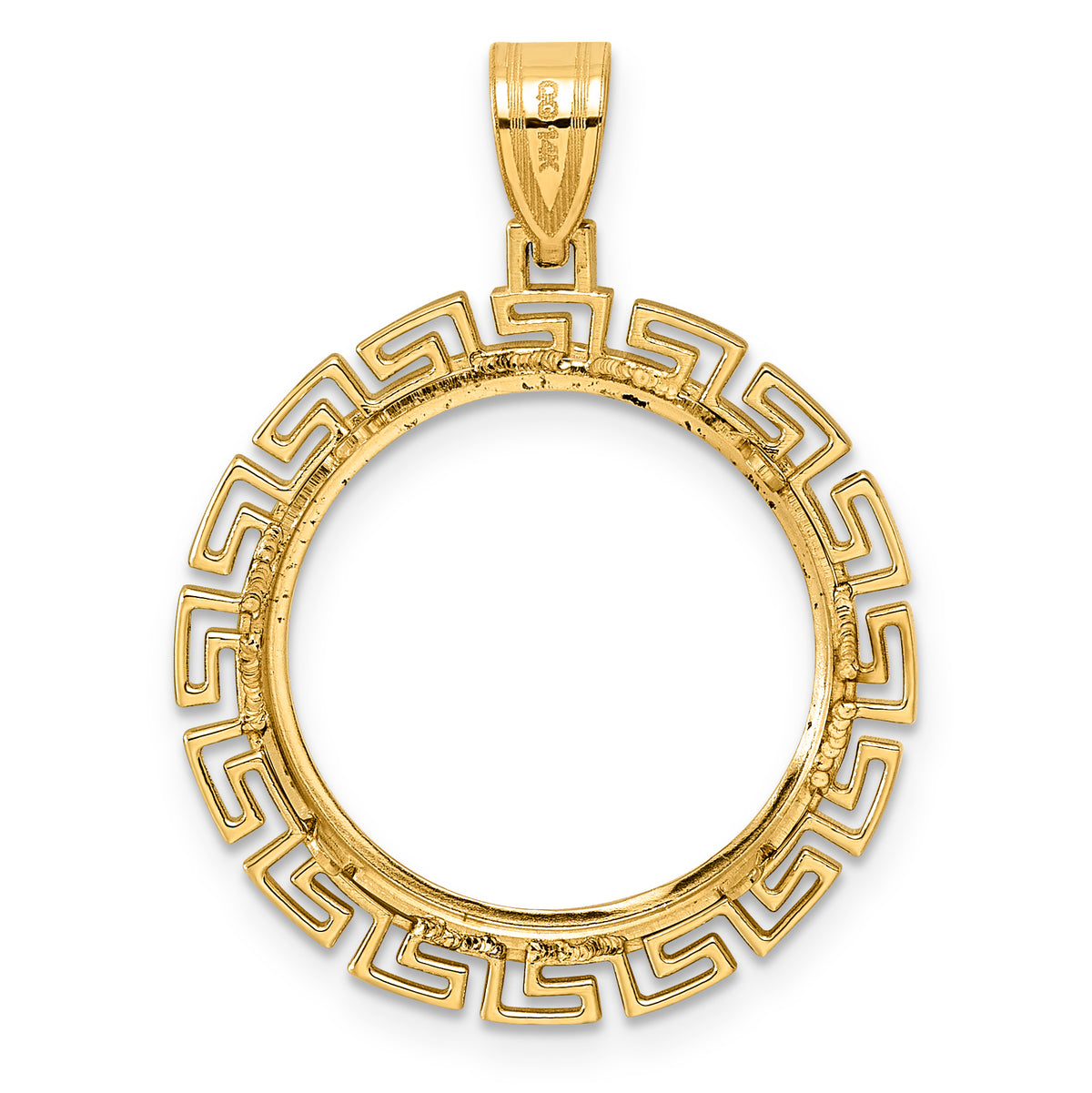 14K Yellow Gold 18 mm Coin Bezel Holder Pendant Charm Diamond Cut Greek Key US Dime 1/10 oz Panda Cat Prong