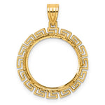Carica l'immagine nel visualizzatore di Gallery, 14K Yellow Gold 18 mm Coin Bezel Holder Pendant Charm Diamond Cut Greek Key US Dime 1/10 oz Panda Cat Prong
