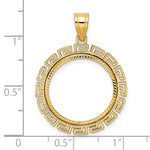 Carica l'immagine nel visualizzatore di Gallery, 14K Yellow Gold 18 mm Coin Bezel Holder Pendant Charm Diamond Cut Greek Key US Dime 1/10 oz Panda Cat Prong
