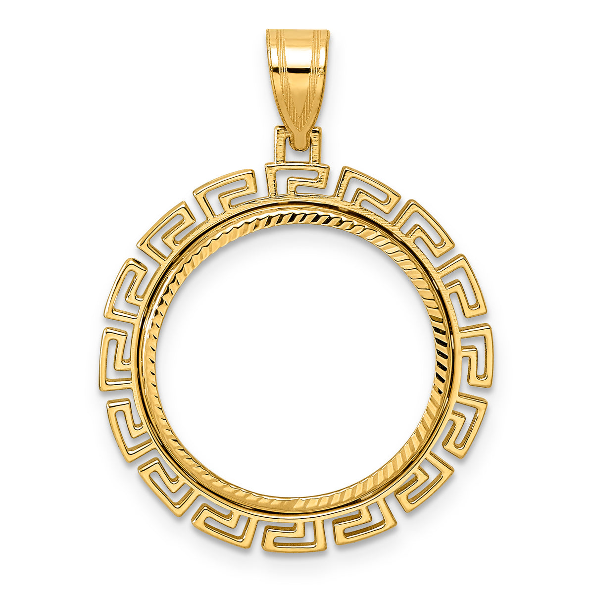14K Yellow Gold 18 mm Coin Bezel Holder Pendant Charm Diamond Cut Greek Key US Dime 1/10 oz Panda Cat Prong
