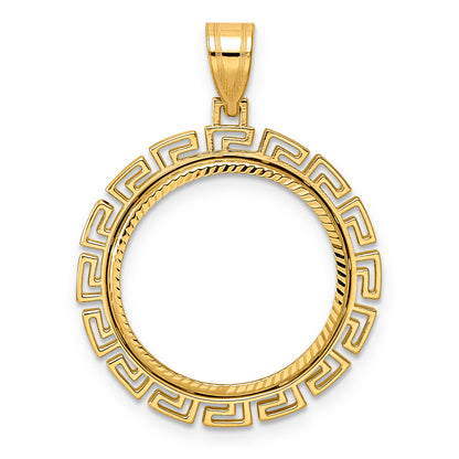 14K Yellow Gold 18 mm Coin Bezel Holder Pendant Charm Diamond Cut Greek Key US Dime 1/10 oz Panda Cat Prong