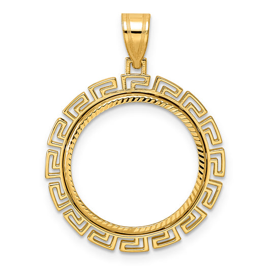 14K Yellow Gold 18 mm Coin Bezel Holder Pendant Charm Diamond Cut Greek Key US Dime 1/10 oz Panda Cat Prong