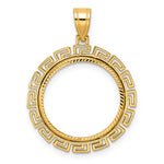 Carica l'immagine nel visualizzatore di Gallery, 14K Yellow Gold 18 mm Coin Bezel Holder Pendant Charm Diamond Cut Greek Key US Dime 1/10 oz Panda Cat Prong
