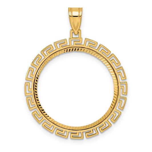 14K Yellow Gold 22 mm Coin Bezel Holder Pendant Charm Diamond Cut Greek Key 1/4 oz American Eagle Panda 2 Rand US $5 Jamestown Prong