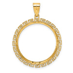 Indlæs billede til gallerivisning 14K Yellow Gold 27 mm Coin Bezel Holder Pendant Charm Diamond Cut Greek Key 1/2 oz American Eagle Panda US $10 Dollar Liberty Indian Prong
