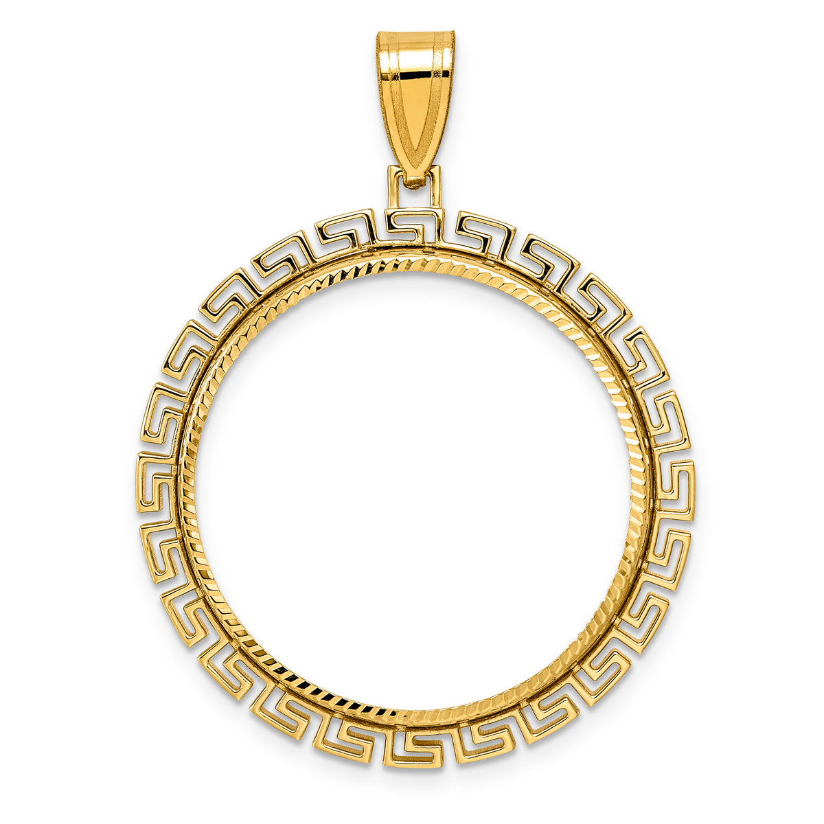 14K Yellow Gold 27 mm Coin Bezel Holder Pendant Charm Diamond Cut Greek Key 1/2 oz American Eagle Panda US $10 Dollar Liberty Indian Prong