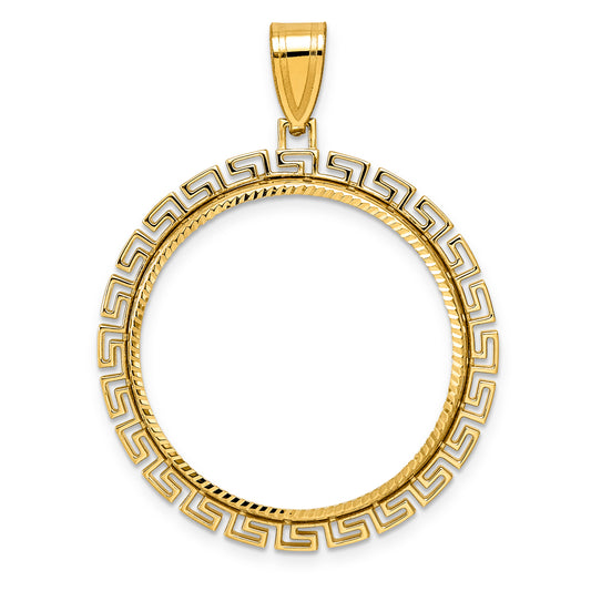 14K Yellow Gold 27 mm Coin Bezel Holder Pendant Charm Diamond Cut Greek Key 1/2 oz American Eagle Panda US $10 Dollar Liberty Indian Prong