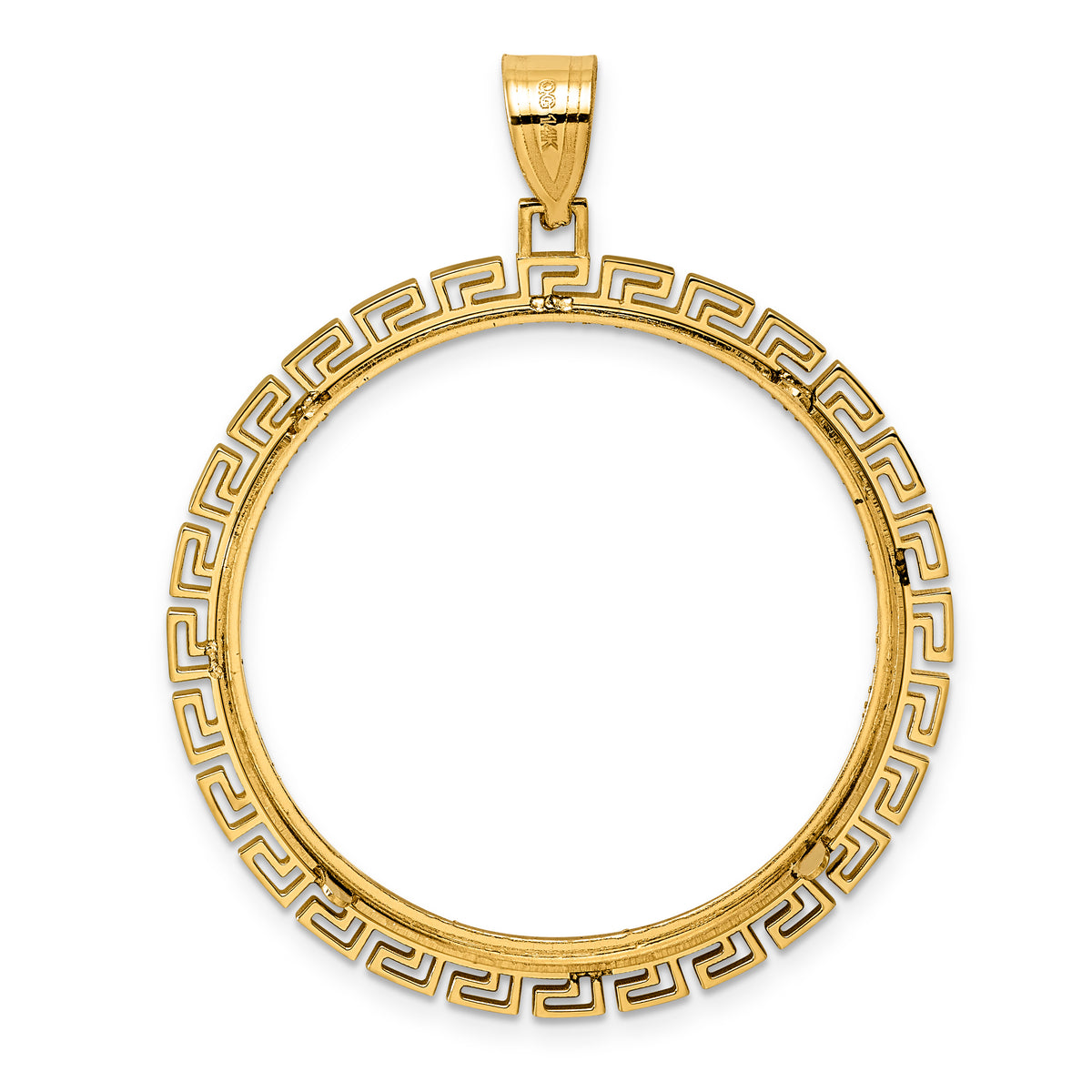 14K Yellow Gold 32 mm Coin Bezel Holder Pendant Charm Diamond Cut Greek Key Old US Series 1 oz Panda Australian Nugget Kangaroo Koala Prong